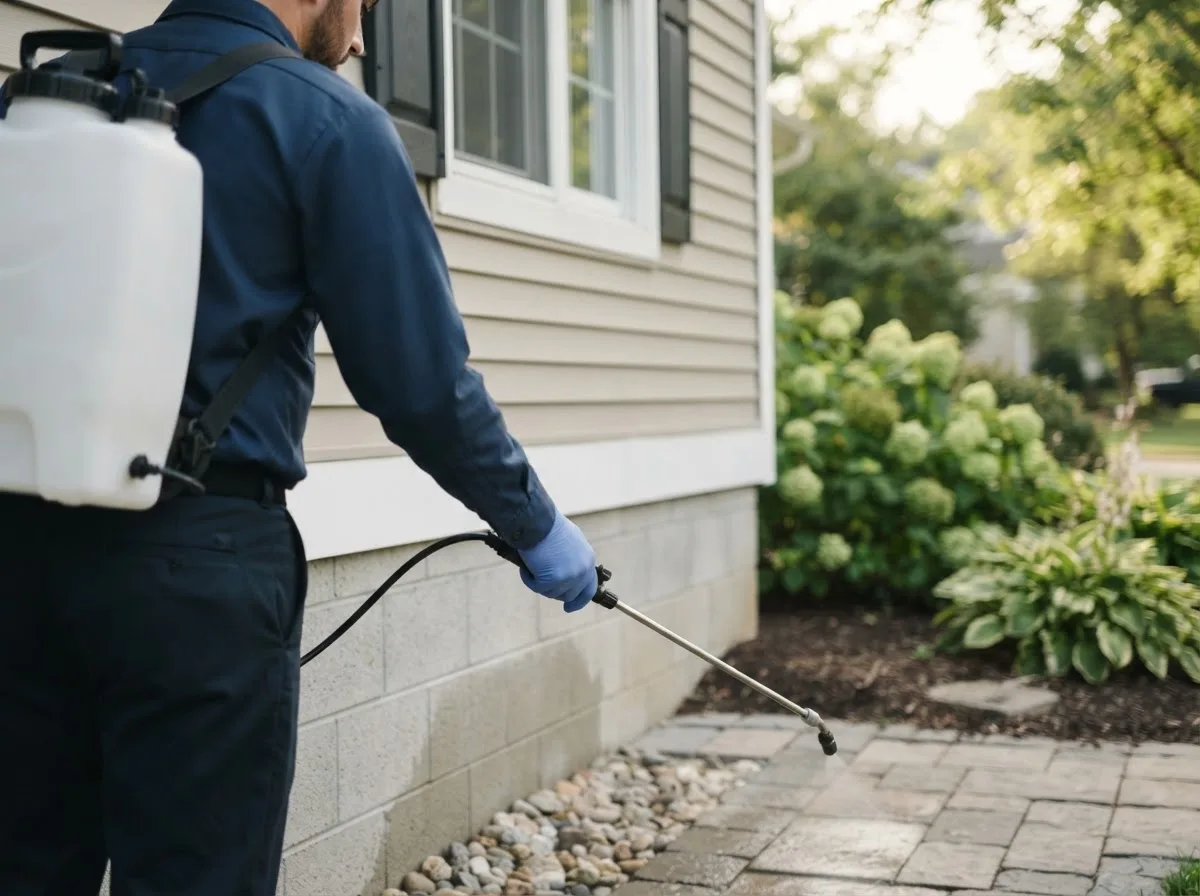 Pest control technician inspecting a home in Mannford, OK